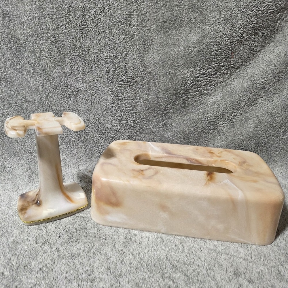 Acrylic Swirled Marbled Tissue Cover  And Toothbrush Razor Holder MCM